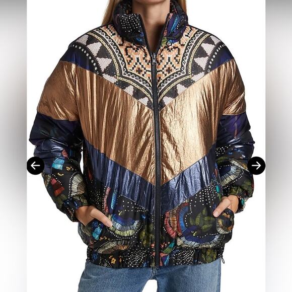 Farm Rio Metallic Puffer Jacket Women's Small New Borogodo Golden Reversible NWT - Picture 1 of 11